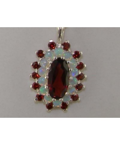 Ladies Solid 925 Sterling Silver 12x6mm Natural Garnet & Opal 3 Tier Large Cluster Pendant Necklace 45.0 Centimeters $77.81 N...