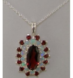 Ladies Solid 925 Sterling Silver 12x6mm Natural Garnet & Opal 3 Tier Large Cluster Pendant Necklace 45.0 Centimeters $77.81 N...