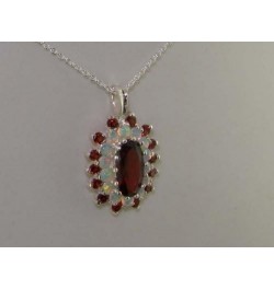 Ladies Solid 925 Sterling Silver 12x6mm Natural Garnet & Opal 3 Tier Large Cluster Pendant Necklace 45.0 Centimeters $77.81 N...