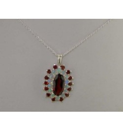 Ladies Solid 925 Sterling Silver 12x6mm Natural Garnet & Opal 3 Tier Large Cluster Pendant Necklace 45.0 Centimeters $77.81 N...