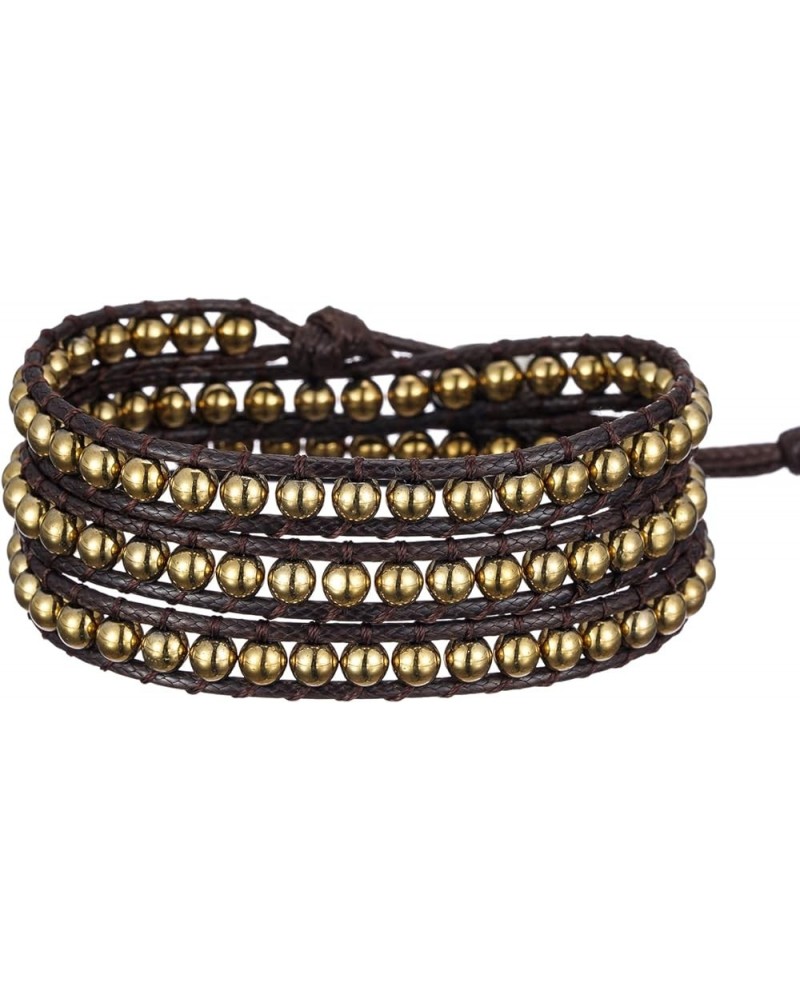 Women Boho Handmade Natural Stone Crystal Leather Bead Wrap Bracelets Collection 4mm Gold Hematite 3W $14.76 Bracelets