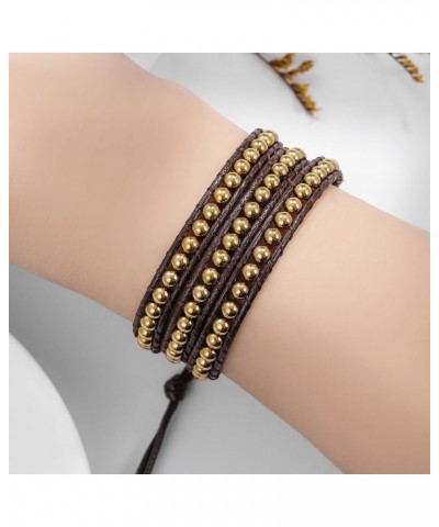 Women Boho Handmade Natural Stone Crystal Leather Bead Wrap Bracelets Collection 4mm Gold Hematite 3W $14.76 Bracelets