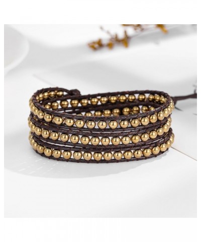 Women Boho Handmade Natural Stone Crystal Leather Bead Wrap Bracelets Collection 4mm Gold Hematite 3W $14.76 Bracelets