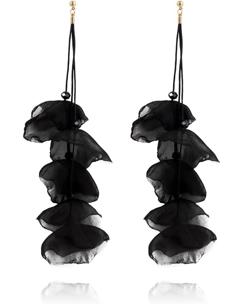 Chiffon Poppy Flower Beaded Long Drop Dangle Earrings for Women Girls Tiered Flower Statement Tassel Earrings black long $7.1...