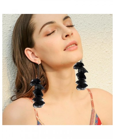 Chiffon Poppy Flower Beaded Long Drop Dangle Earrings for Women Girls Tiered Flower Statement Tassel Earrings black long $7.1...