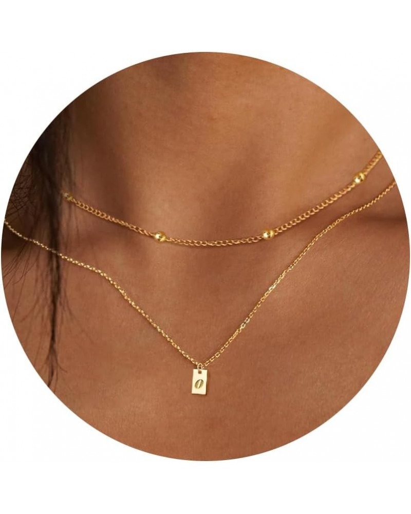 Layered Initial Necklaces for Women Girls - Bead Chain and Initial Pendant Necklaces, 14K Gold Plated Square Initial Necklace...