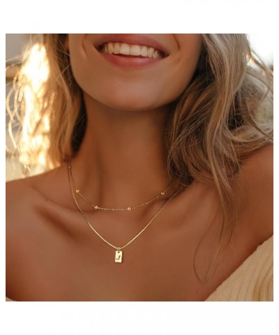 Layered Initial Necklaces for Women Girls - Bead Chain and Initial Pendant Necklaces, 14K Gold Plated Square Initial Necklace...