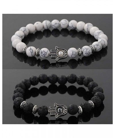 2Pcs Set Handmade Elastic 6mm Beads Hamsa Bracelet Natural Stone Evil Eye Hamsa Fatima Hand Charm Beaded Couples Bracelets Ka...