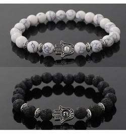 2Pcs Set Handmade Elastic 6mm Beads Hamsa Bracelet Natural Stone Evil Eye Hamsa Fatima Hand Charm Beaded Couples Bracelets Ka...