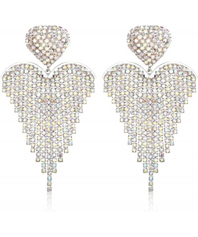 Women's Wedding Bridal Crystal Beaded Tassel Fringe Chandelier Dangle Earrings Heart-Iridescent AB Silver-Tone $10.50 Earrings