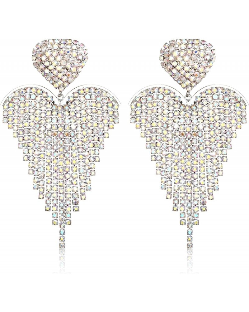 Women's Wedding Bridal Crystal Beaded Tassel Fringe Chandelier Dangle Earrings Heart-Iridescent AB Silver-Tone $10.50 Earrings