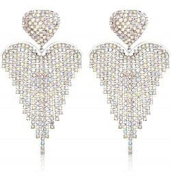 Women's Wedding Bridal Crystal Beaded Tassel Fringe Chandelier Dangle Earrings Heart-Iridescent AB Silver-Tone $10.50 Earrings