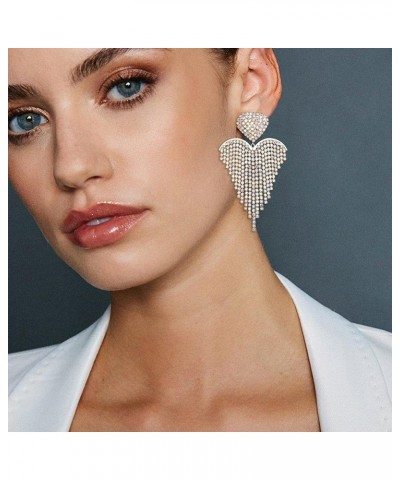 Women's Wedding Bridal Crystal Beaded Tassel Fringe Chandelier Dangle Earrings Heart-Iridescent AB Silver-Tone $10.50 Earrings