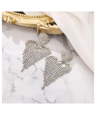 Women's Wedding Bridal Crystal Beaded Tassel Fringe Chandelier Dangle Earrings Heart-Iridescent AB Silver-Tone $10.50 Earrings