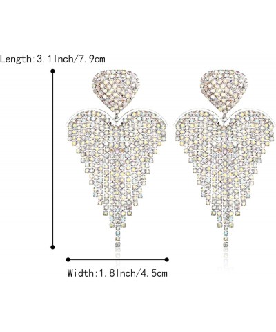 Women's Wedding Bridal Crystal Beaded Tassel Fringe Chandelier Dangle Earrings Heart-Iridescent AB Silver-Tone $10.50 Earrings