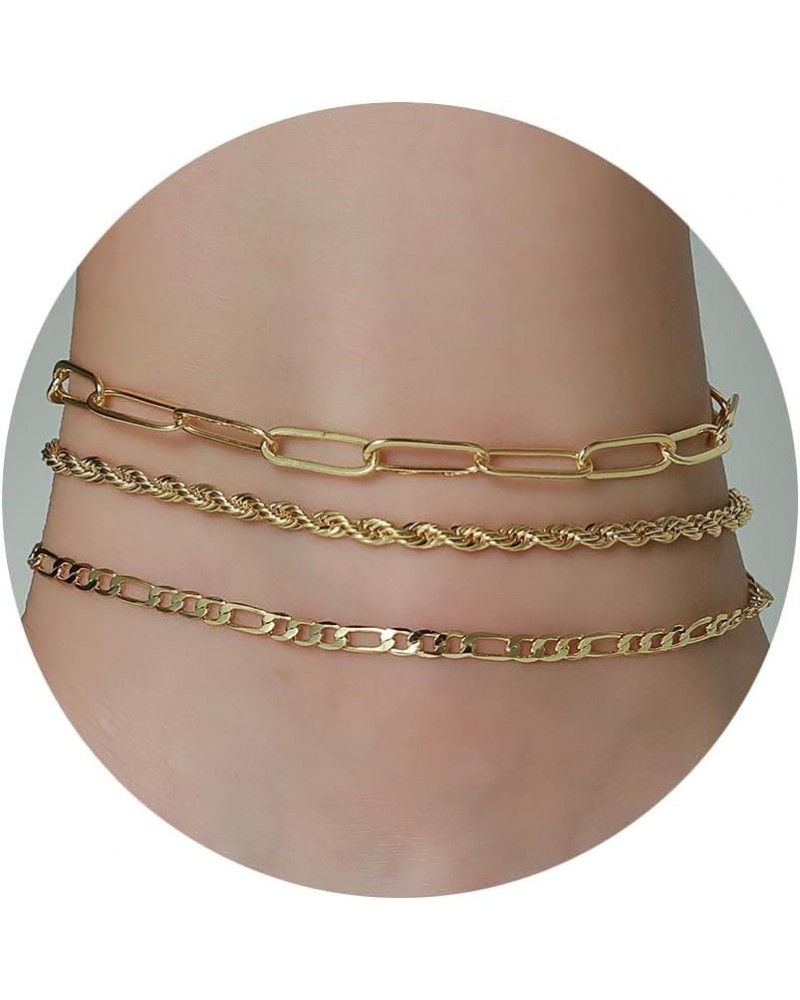 Gold Ankle Bracelets for Women Teen Girls, 18K Gold Plated Dainty Ankles Waterproof Cuban Herringbone Figaro Chain Anklets Se...