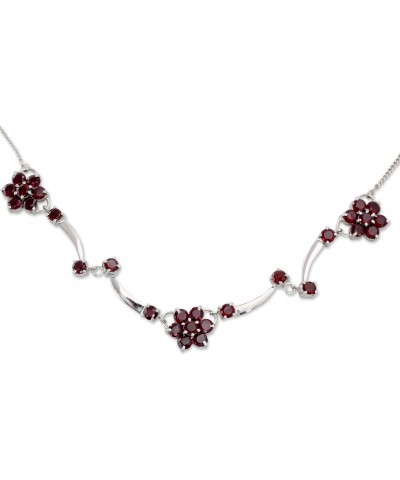 Handmade Garnet Floral Necklace Flowers on .925 Sterling Silver from India Rhodium Plated Red Pendant Birthstone [17 in min L...