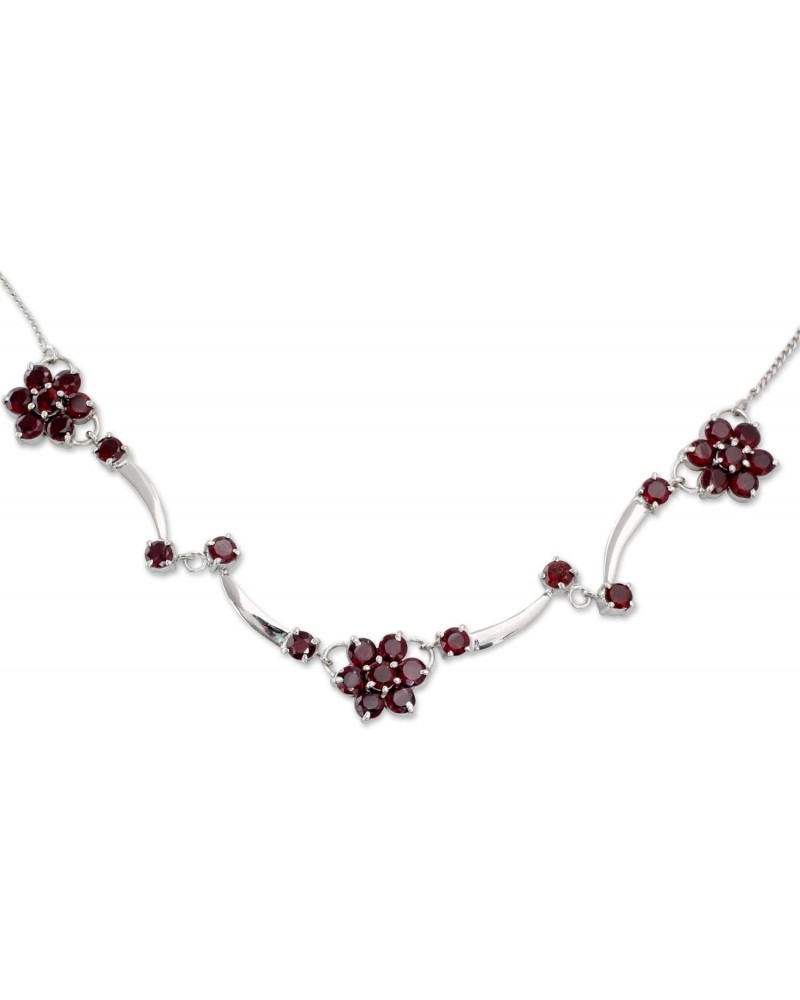 Handmade Garnet Floral Necklace Flowers on .925 Sterling Silver from India Rhodium Plated Red Pendant Birthstone [17 in min L...