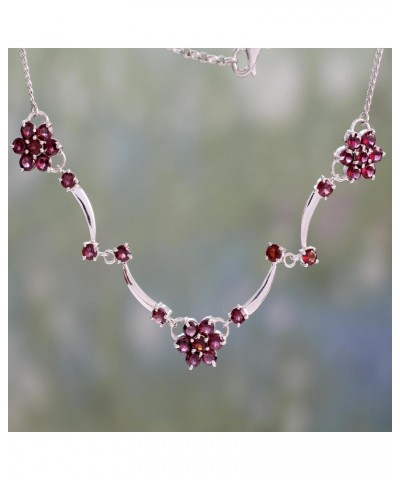 Handmade Garnet Floral Necklace Flowers on .925 Sterling Silver from India Rhodium Plated Red Pendant Birthstone [17 in min L...