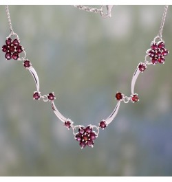 Handmade Garnet Floral Necklace Flowers on .925 Sterling Silver from India Rhodium Plated Red Pendant Birthstone [17 in min L...