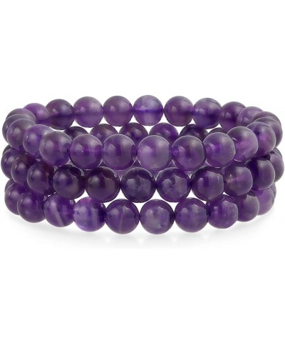 Unisex Stackable Set Of 3 Gemstone Round Bead 8MM Stretch Bracelet For Women Teen Men Multi Strand Stacking Adjustable Purple...