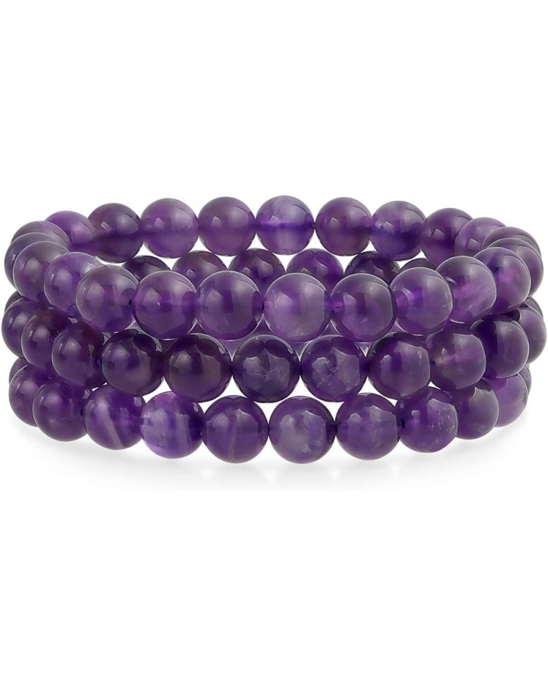 Unisex Stackable Set Of 3 Gemstone Round Bead 8MM Stretch Bracelet For Women Teen Men Multi Strand Stacking Adjustable Purple...