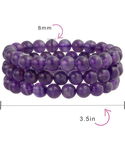 Unisex Stackable Set Of 3 Gemstone Round Bead 8MM Stretch Bracelet For Women Teen Men Multi Strand Stacking Adjustable Purple...