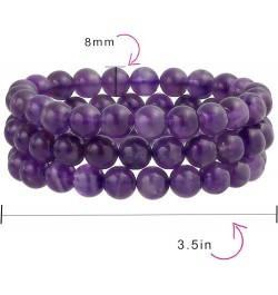 Unisex Stackable Set Of 3 Gemstone Round Bead 8MM Stretch Bracelet For Women Teen Men Multi Strand Stacking Adjustable Purple...