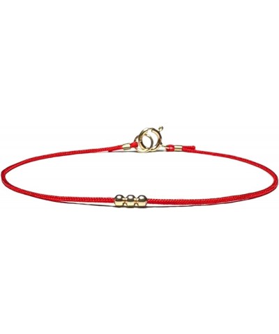 14K Solid Gold Bead Ball Red String Bracelet - Thin - Unisex Kabbalah Protection Jewelry with Clasp - Yellow Gold Accents - T...