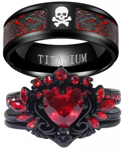 Couple Rings Matching Rings Black Wings Skull Ring 1.5ct Red CZ Womens Wedding Ring Sets Punk Ring Red women size6 & men size...