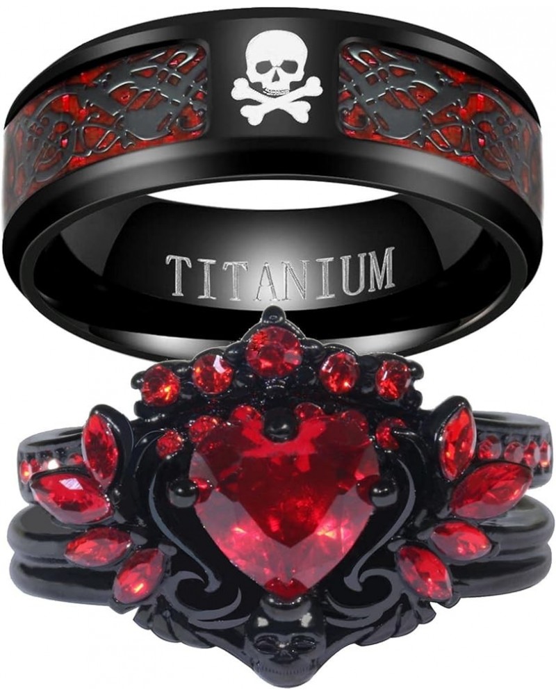 Couple Rings Matching Rings Black Wings Skull Ring 1.5ct Red CZ Womens Wedding Ring Sets Punk Ring Red women size6 & men size...