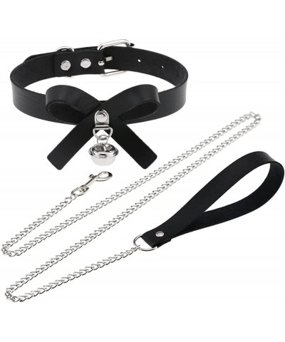 Punk Hauling Chain PU Leather Choker Gothic Collar for Men Women Nightclub Goth Leash Belts Adjustable Size Bell and Bowknot ...