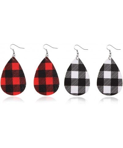 WLLAY Red Buffalo Plaid Leather Earrings，Lightweight Handmade Leather Teardrop Leaf Dangle Earrings for Women Girls A:Red&Bla...