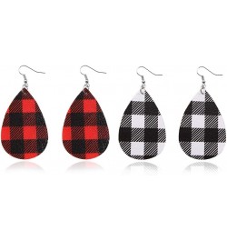 WLLAY Red Buffalo Plaid Leather Earrings，Lightweight Handmade Leather Teardrop Leaf Dangle Earrings for Women Girls A:Red&Bla...