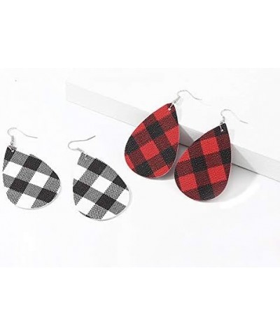 WLLAY Red Buffalo Plaid Leather Earrings，Lightweight Handmade Leather Teardrop Leaf Dangle Earrings for Women Girls A:Red&Bla...