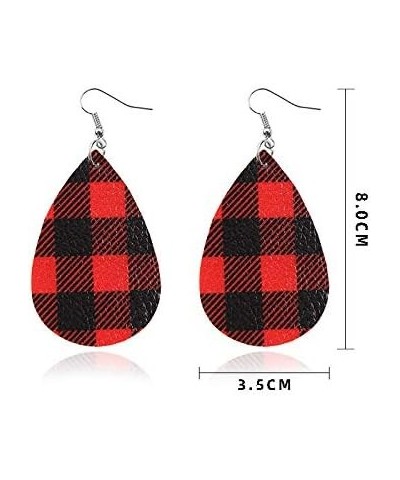 WLLAY Red Buffalo Plaid Leather Earrings，Lightweight Handmade Leather Teardrop Leaf Dangle Earrings for Women Girls A:Red&Bla...