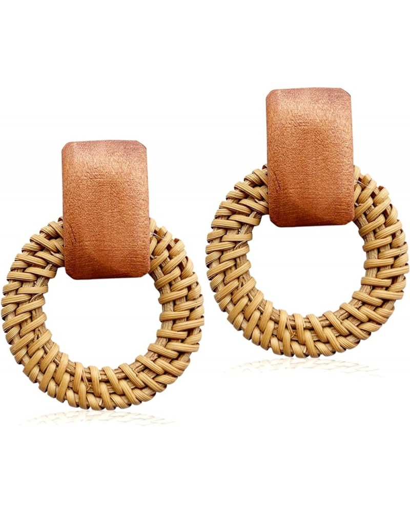 Handmade Bohemian Lightweight Wooden Circle Round Dangle Drop Earrings Vintage Boho Brown Nature Wood Geometry Hoop Stud Earr...