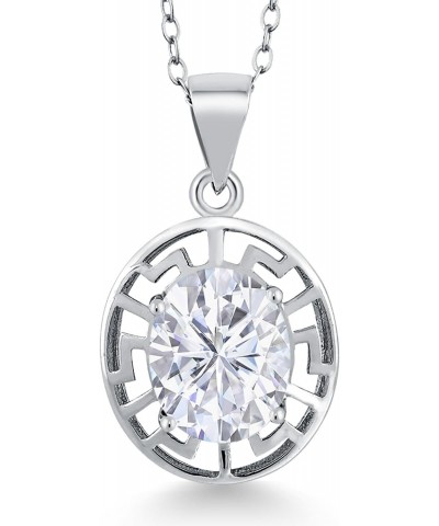 925 Sterling Silver White Moissanite Greek Key Pendant Necklace For Women (3.00 Cttw, Oval 10X8MM, With 18 Inch Silver Chain)...