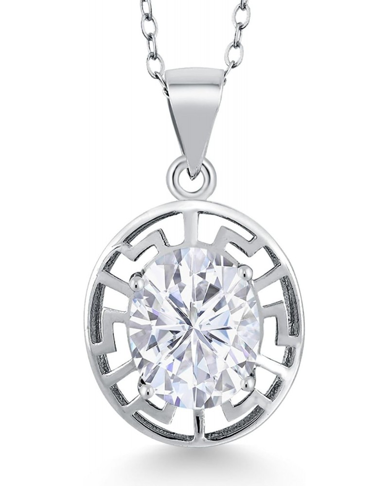 925 Sterling Silver White Moissanite Greek Key Pendant Necklace For Women (3.00 Cttw, Oval 10X8MM, With 18 Inch Silver Chain)...