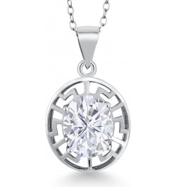 925 Sterling Silver White Moissanite Greek Key Pendant Necklace For Women (3.00 Cttw, Oval 10X8MM, With 18 Inch Silver Chain)...