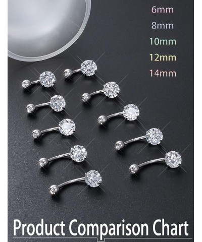 Belly Button Ring 6mm 8mm 10mm 12mm 14mm Surgical Stainless Steel Round Cubic Zirconia Navel Barbell Stud Body Piercing Silve...