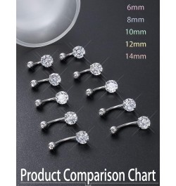 Belly Button Ring 6mm 8mm 10mm 12mm 14mm Surgical Stainless Steel Round Cubic Zirconia Navel Barbell Stud Body Piercing Silve...