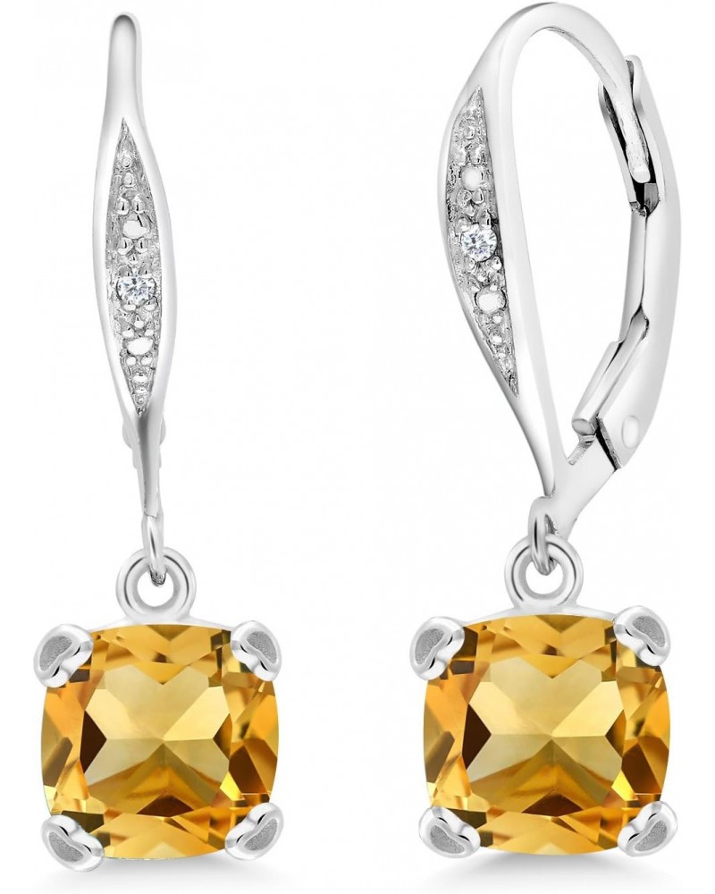 925 Sterling Silver Yellow Citrine and White Diamond Earrings For Women (2.81 Cttw, Gemstone November Birthstone, Cushion 7MM...