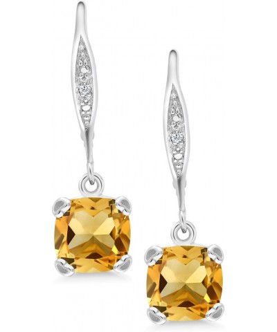 925 Sterling Silver Yellow Citrine and White Diamond Earrings For Women (2.81 Cttw, Gemstone November Birthstone, Cushion 7MM...