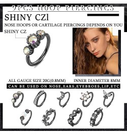 Black Nose Ring 20G 8MM Nose Rings Hoops For Women Men 9PCS Opal CZ Heart Hoop Nose Ring Lip Septum Cartilage Hoop Star Moon ...