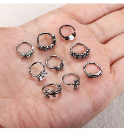 Black Nose Ring 20G 8MM Nose Rings Hoops For Women Men 9PCS Opal CZ Heart Hoop Nose Ring Lip Septum Cartilage Hoop Star Moon ...