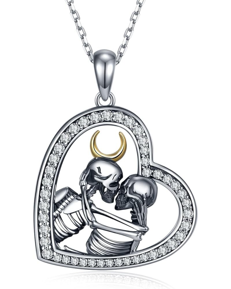 Skeleton Necklace Sterling Silver Skeleton Lover Pendant Necklace Skull Gothic Jewelry for Women Men Silver $23.50 Necklaces