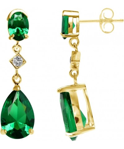 Genuine Gemstone 925 Sterling Silver Dangle Drop Post Earrings Created Nano Green Emerald - Yellow Gold Plated yellow gold pl...