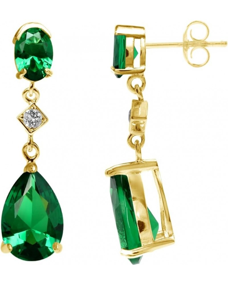 Genuine Gemstone 925 Sterling Silver Dangle Drop Post Earrings Created Nano Green Emerald - Yellow Gold Plated yellow gold pl...