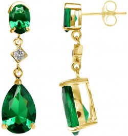 Genuine Gemstone 925 Sterling Silver Dangle Drop Post Earrings Created Nano Green Emerald - Yellow Gold Plated yellow gold pl...